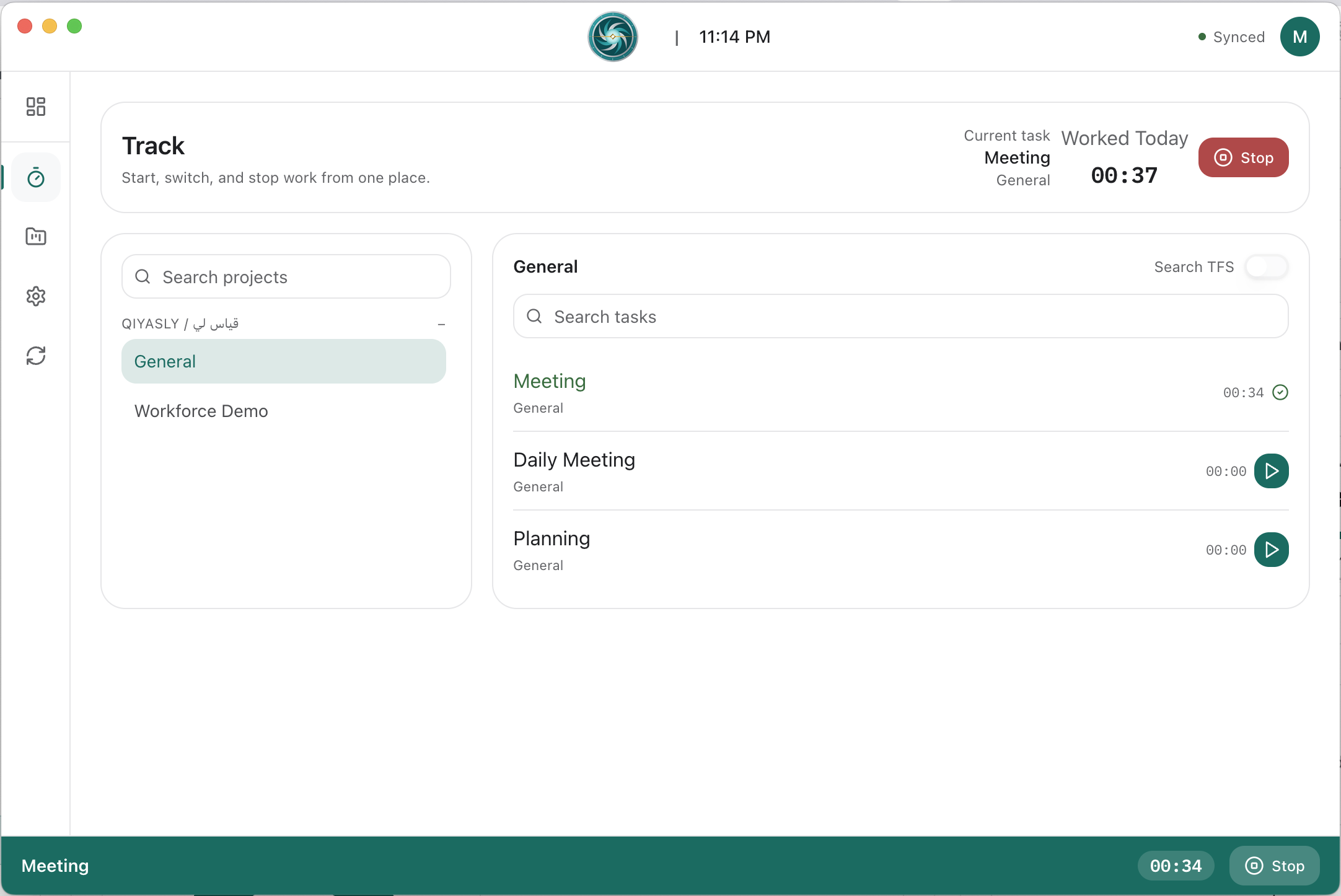 Humetri desktop app showing live tracking, project list, task list, current task, worked today, and stop controls.